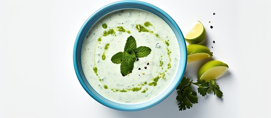 Poster - Traditional Turkish yogurt soup with green sauce in a blue bowl placed on a white background Representing the concept and idea of cuisine Copy space image
