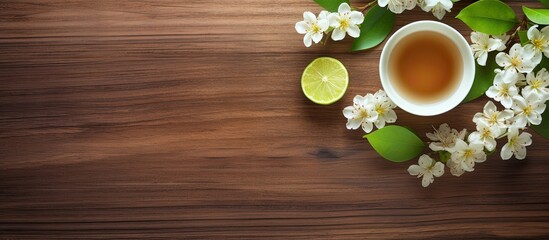 Poster - A cup of lime tree tea with blossoms on a wooden surface is shown in the copy space image