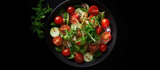Poster - Top view of a healthy green salad with tomato and fresh vegetables presented in a white bowl placed on a dark black background leaving ample copy space for the image