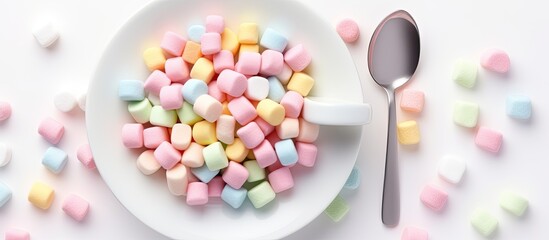 Poster - A flat lay composition featuring colorful light marshmallows on a white plate with a spoon against a white background This copy space image showcases a delightful and sweet food concept from a top vi