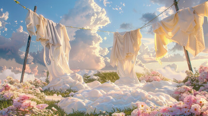 cascading milk flows like a river over clothes hung out to dry, creating a whimsical scene of domest