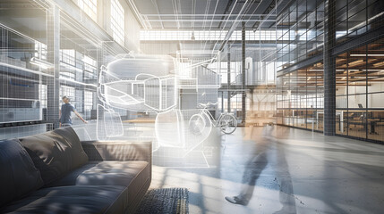 Aufkleber - Design project development with 3D visualization of sunny industrial open space office with sofa on concrete floor and lattice glass walls and man hand making sketch of workspaces and  : Generative AI