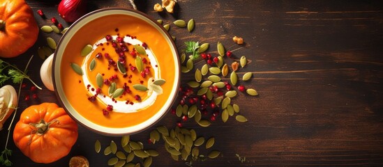 Poster - A creamy flavorful soup made with roasted pumpkin carrots and topped with pumpkin seeds all in a beautiful copy space image