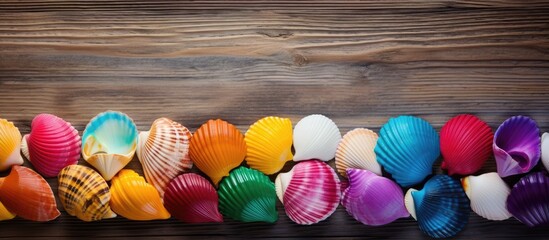 Poster - Colorful sea shells arranged on a wooden surface creating an appealing visual with copy space for images