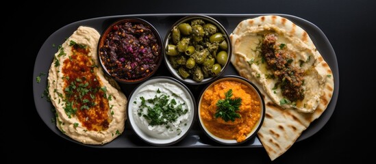 Aufkleber - A Middle Eastern style breakfast platter featuring labneh cream cheese foul muhammara dip and zaatar is presented from a top down view with copy space available The platter also includes a variety of
