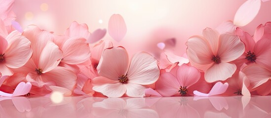 Aufkleber - The pink flowers petals and pastel background create a festive ambiance for a Valentine s Day and Women s Day greeting card The heart text lettering on the background template offers a space for cust