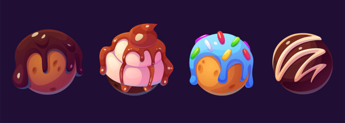 Canvas Print - Candy planet icon for fantasy space world in game. Magic galaxy ball with chocolate cookie. Cute colorful and sweet cosmos bubble gui kids design collection. Glossy caramel and tasty orbit ui set