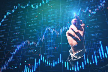 Wall Mural - Close up of male hand with digital pen pointing at creative candlestick forex chart with index on dark background. Trade, finance and stock exchange concept. Double exposure.