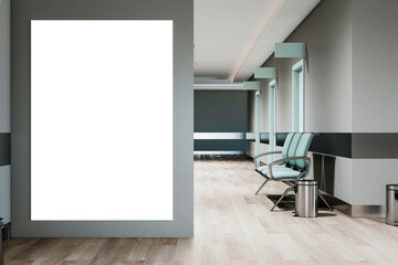 Poster - Modern office waiting area with blank advertising billboard, minimalistic style and soft lighting. Marketing display concept. 3D Render
