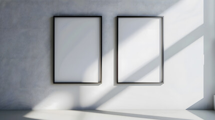 Two blank picture frame mockups on a wall Square orientation Artwork templates in interior design : Generative AI