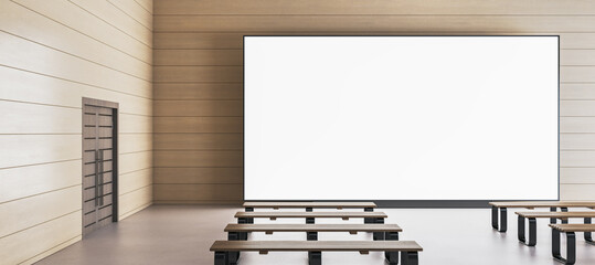 Poster - Simple wooden gallery interior with benches in front of empty white mock up screen. 3D Rendering.