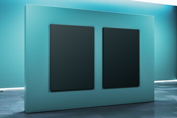 Wall Mural - Empty blue gallery wall with black mock up banner. Museum concept. 3D Rendering.