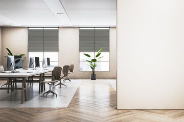 Wall Mural - Bright wooden and concrete coworking office interior with empty mock up place on wall, panoramic window and city view, furniture and decorative plants, blinds. 3D Rendering.