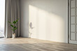 © Who is Danny - Empty modern room with a blank wall, wooden floor, window, and a plant in a pot, sunny day concept with shadows on the wall. 3D Rendering