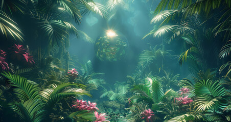 Poster - A night time scene of a lush tropical rainforest with ferns, palm leaves and flowers with a disco ball. Generative AI.