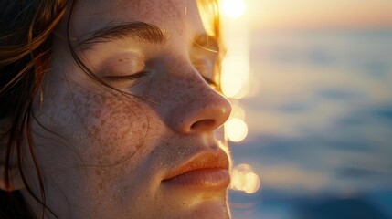 Wall Mural - A closeup of a womans face with her eyelashes highlighted by the sunset, her eyes closed in happiness. The sky is filled with clouds and backlighting, giving a tranquil dusk atmosphere AIG50