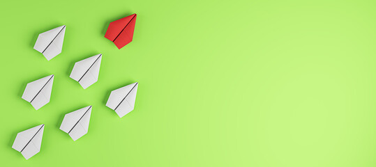Poster - Creative paper planes on green background with mock up place. Leadership and success concept. 3D Rendering.