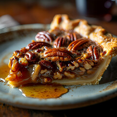 Wall Mural - Pecan tart with caramel and pecan nuts on wooden background