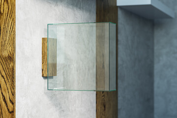 Poster - Blank square glass banner or stopper on concrete and wooden wall. Advertising concept. 3D Rendering.