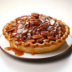 Wall Mural - Pecan tart with caramel and pecan nuts on white background