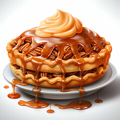 Wall Mural - Pecan pie with caramel topping on white background.