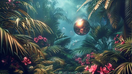 Poster - A night time scene of a lush tropical rainforest with ferns, palm leaves and flowers with a disco ball. Generative AI.