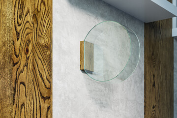 Wall Mural - Empty round glass banner or stopper on concrete and wooden wall. Advertising concept. 3D Rendering.