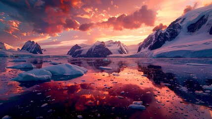 Poster - Breathtaking Arctic Sunset Over Ice-Covered Ocean. Tranquil Natural Scenery for Relaxation. Stunning Nature Photography for Decor. AI