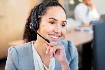 Poster - Call center, customer support and woman on computer in office for online advice, business and help. Communication, telemarketing and happy worker with headset for contact, CRM service and consulting