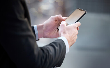 Leinwandbilder - Phone screen, hands and businessman in city street for travel, search or planning, chat or b2b networking on commute. Smartphone, research and entrepreneur with app for location, map or taxi service