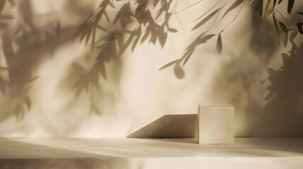 Poster - Minimalistic abstract gentle light beige background for product presentation with light andand intricate shadow from the window and vegetation on wall : Generative AI
