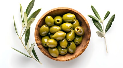 Wall Mural - Fresh green olives in a wooden bowl with olive branches. Healthy Mediterranean diet food concept. Simple and clean style. Perfect for culinary backgrounds. AI
