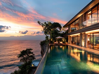 A luxury villa perched on a cliff overlooking the ocean, with floortoceiling windows and an infinity pool blending into the horizon