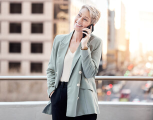 Poster - Business, thinking and mature woman with phone call on balcony for b2b, advice or client, communication and networking. Smartphone, planning and ceo conversation, deal or listening to investor pitch