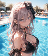 Cute anime woman wearing a beautiful bikini at the pool having a great time.