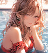 Cute anime woman wearing a beautiful bikini at the pool having a great time.