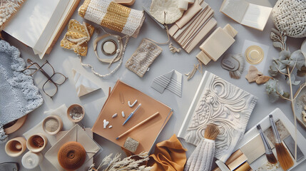 Wall Mural - Flat lay of creative architect moodboard composition with samples of building textile and natural materials and personal accessories Top view grey background template : Generative AI