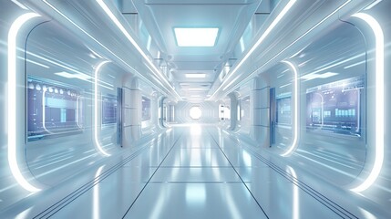 Poster - A futuristic minimalist den. Techno style, added light bands, transparent multimedia information screens. Generative AI.