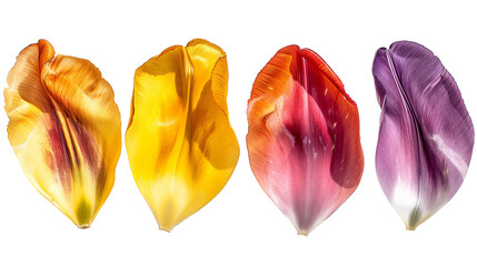Wall Mural - Set of tulip petals displaying a spectrum of colors including yellow, orange, and purple, highlighting their silky texture,