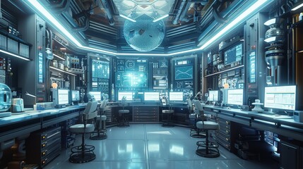 Poster - A lab environment with very futuristic elements. (Data science, tech, computer screens). Generative AI.