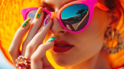 Wall Mural - Close-up of a hand adjusting a pair of cat-eye sunglasses, showcasing brightly painted nails and a colorful cocktail ring