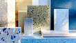© Generative AI - creative composition of interior material samples contains panels and tiles stylish interior moodboard including terrazzo quartz stone tiles blue laminated wooden flooring tiles gold s : Generative AI