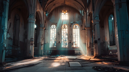Fototapete - hall of the abandoned church : Generative AI