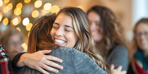 Friends and family share hugs at therapy meeting and holiday gathering. Concept Group Support, Therapy Session, Family Bonding, Mental Health, Holiday Celebration