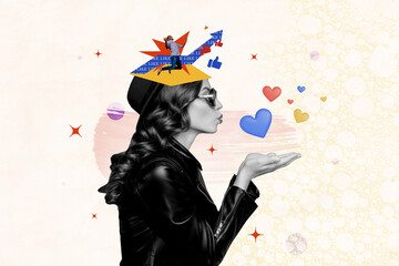 Poster - Composite collage picture image of send air kiss female point self heart icons social media love unusual fantasy billboard comics zine