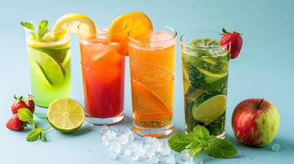 Poster - Refreshing Summer Drinks on Blue Background. Assorted Cold Beverages with Fruits. Ideal for Hot Days. Healthy Lifestyle Choices. Vibrant Colors Capturing Freshness. AI