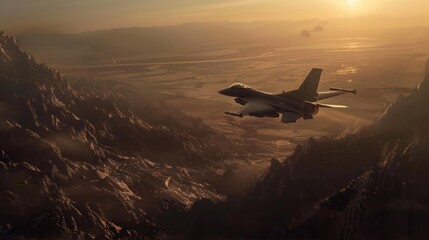 Wall Mural - Lone F-16 flying through a desolate, post-apocalyptic landscape