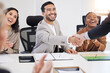 © peopleimages.com - Meeting, handshake and business people with welcome, deal and networking for b2b success. Agreement, negotiation and happy team in office shaking hands for congratulations, celebration and support.