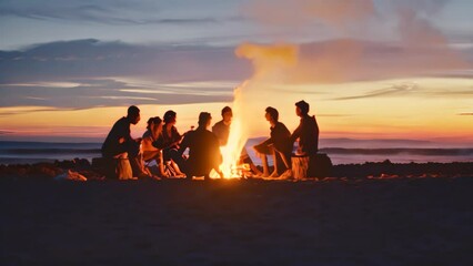 Canvas Print - People gathered around a blazing campfire on a sandy beach, A beach bonfire with a group of friends sharing stories and roasting marshmallows