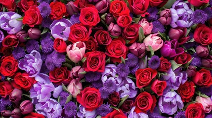 Wall Mural - Lovely flower wall showcasing a gorgeous mix of red violet and purple roses and tulips set against a press wall as a stunning backdrop for Valentine s Day